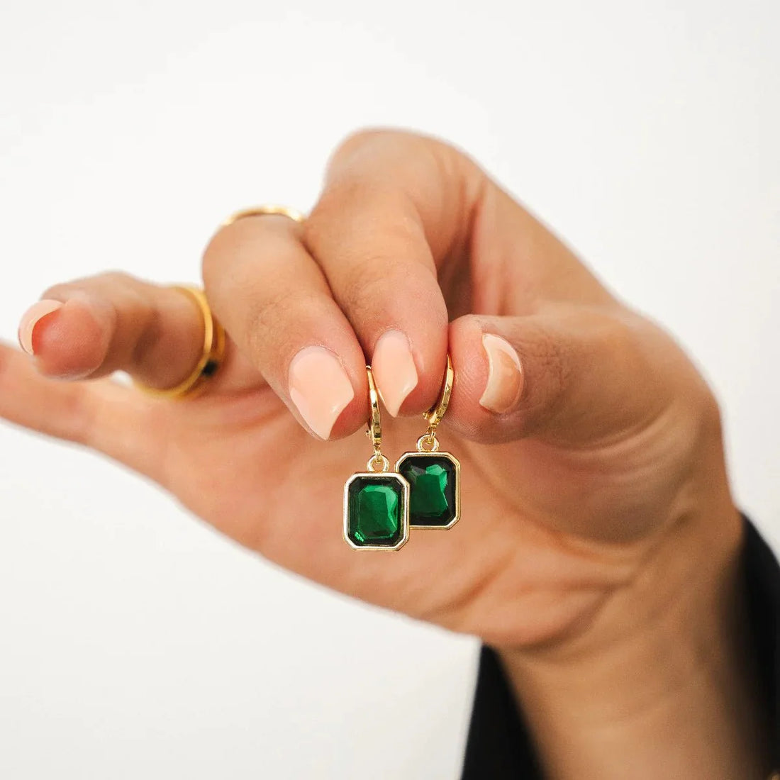 Green Crystal Small Hoop Earring, 18k Gold Plated